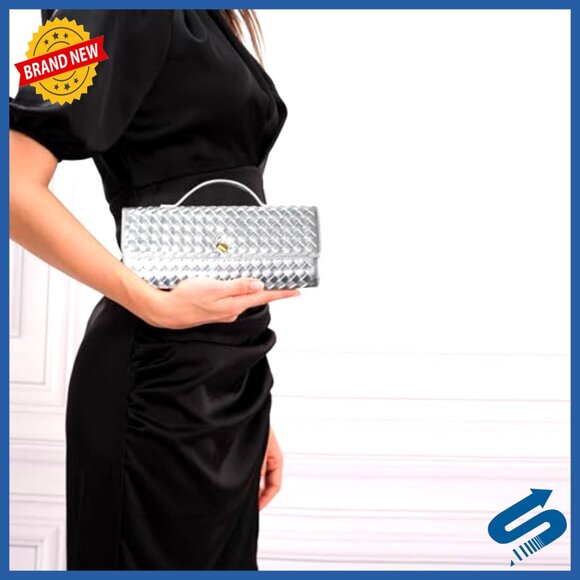 Leather Woven Evening Clutch Purse with Detachable Straps for Wedding Party